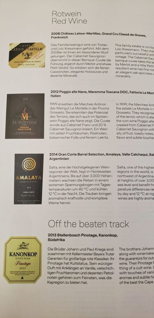 lufthansa 747 first class wine list red