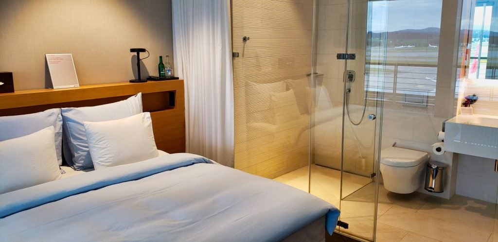 Swiss First Class Terminal Zurich day room bathroom glass walls