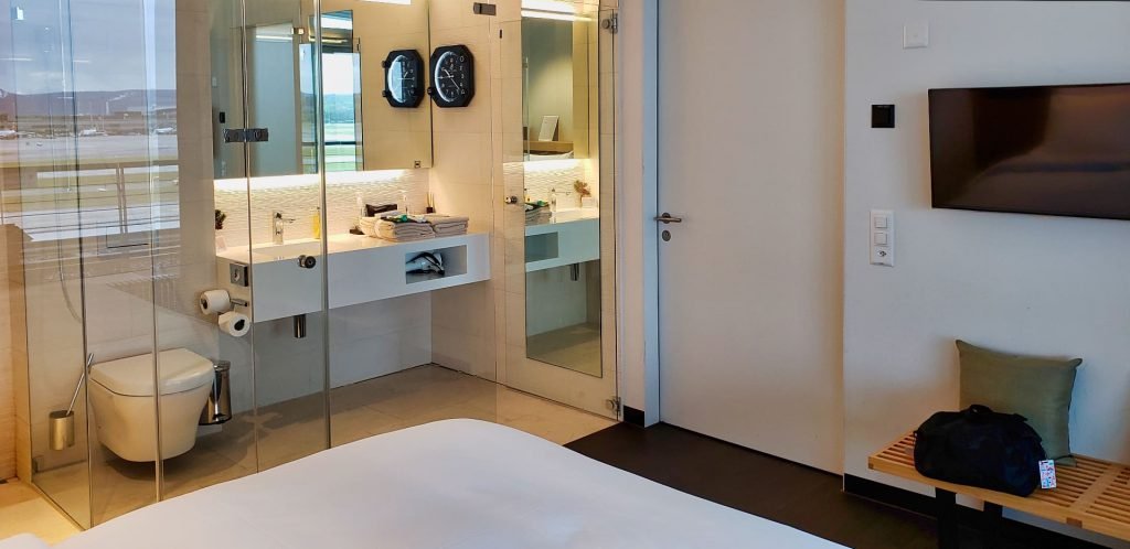 Swiss First Class Terminal Zurich day room bed and bathroom