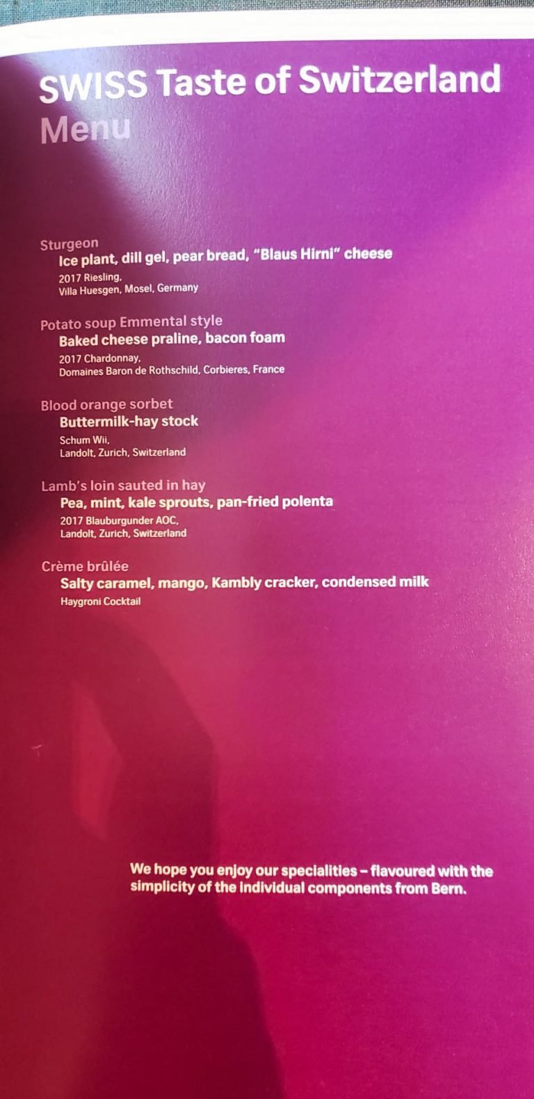 Swiss First Class Terminal Zurich menu