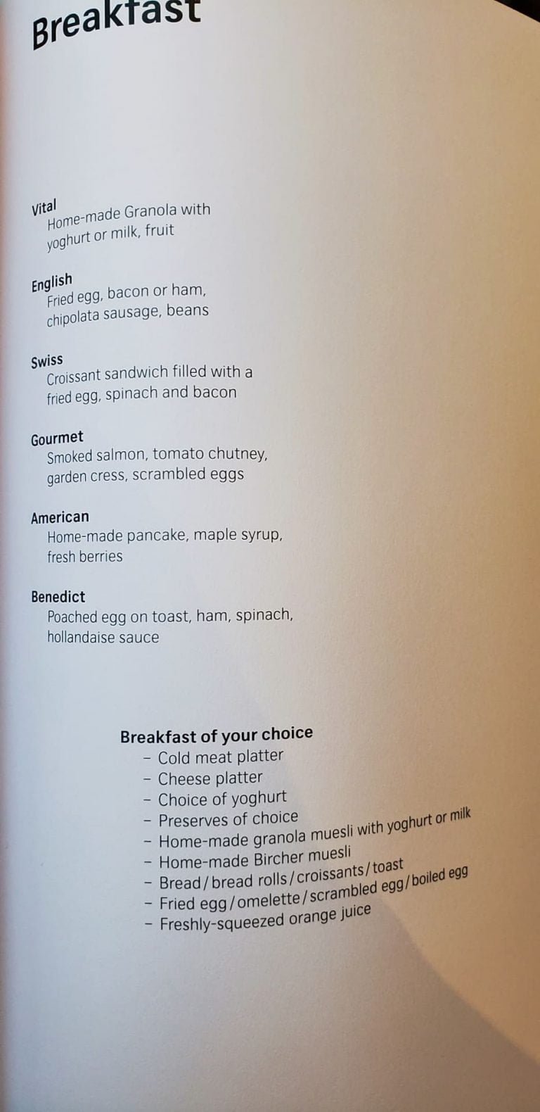 Swiss First Class Terminal Zurich menu breakfast