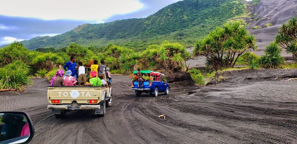 yasur volcano tanna vanuatu black volcanic sand driving pickups river crossing