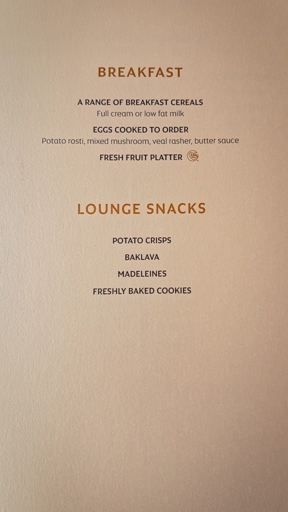 Etihad Apartment First Class Breakfast Menu