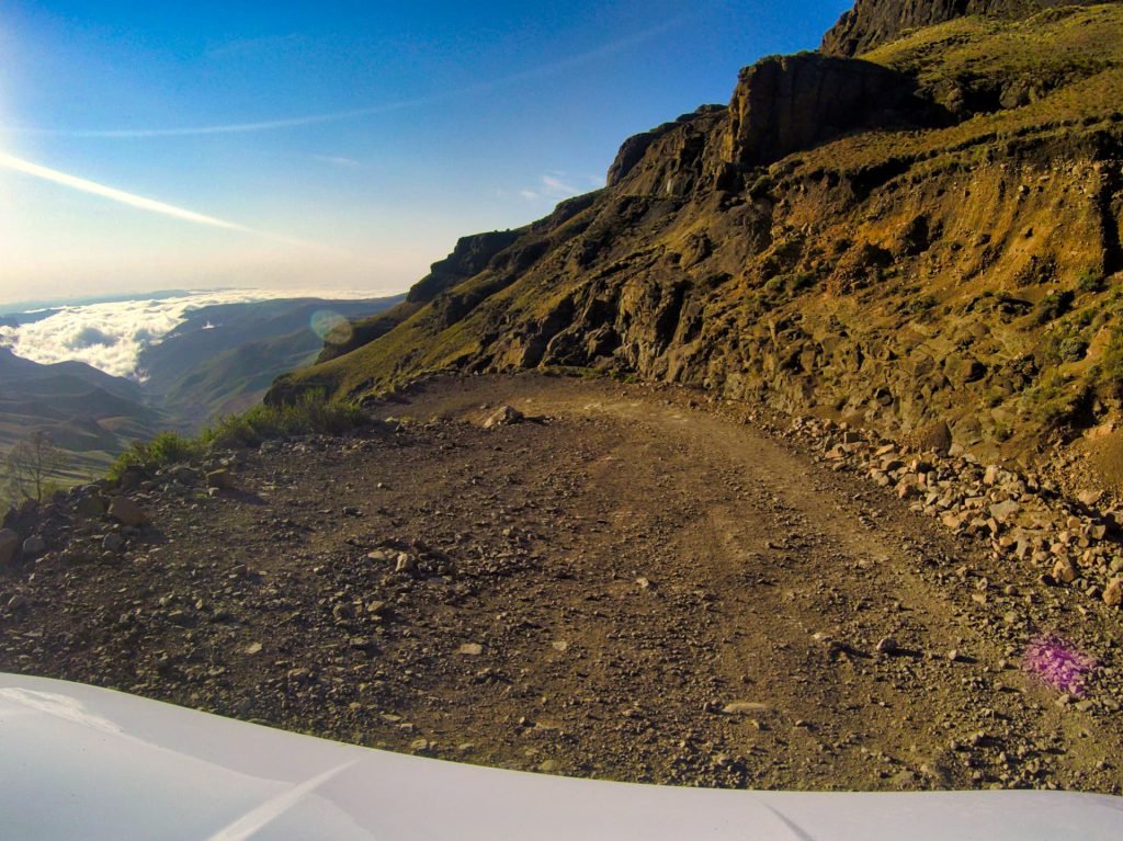 Sani Pass Drivers view Downhill disappearing road