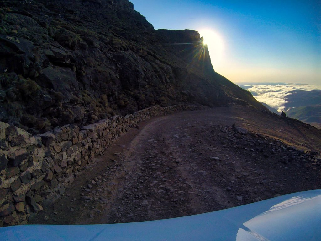 Sani Pass Drivers view Downhill hairpin