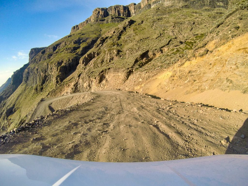 Sani Pass Drivers view Downhill steep