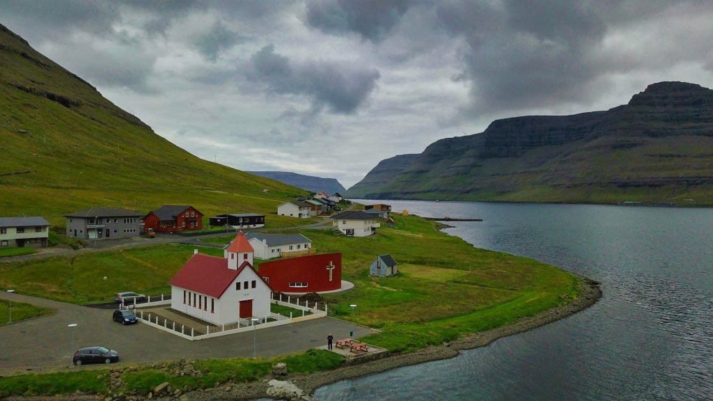 Faroe Islands Hvannasund Church Drone Flying